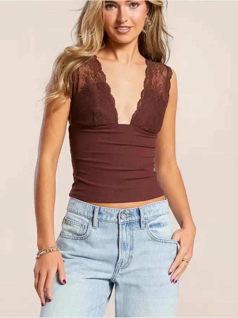 Free People Intimately Power Play Halter Top Brown Lace Crop